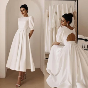 Elegant Half Sleeves Wedding Dresses Satin A Line Backless Bridal Gowns - Picture 1 of 12