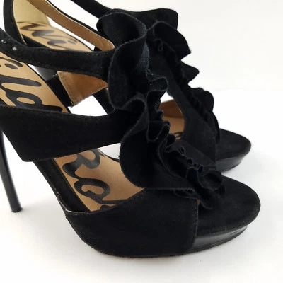 Mujer Wild Rose Negro Tacones de Aguja Zapatos Terciopelo Volantes Correas al Tobillo Talla 7 Foto 1 de 4