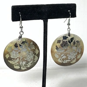 Mother of Pearl Dangle Earrings Silver Tone Overlay Disc Flower Rose 1.5" - Picture 1 of 13