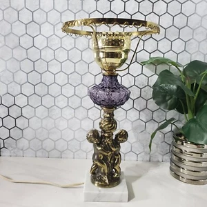 Vintage Gold Tone Cherub Amethyst Art Glass Table Lamp No Shade Works - Picture 1 of 24