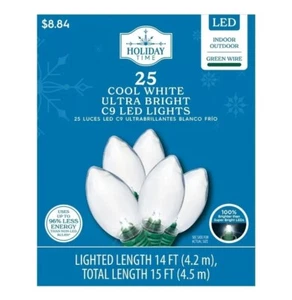 25 LED Cool White Christmas Ultra Bright C9 Lights Green Wire Holiday Time - Picture 1 of 4