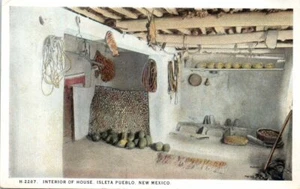 1930s Fred Harvey Postcard Interior Of A Pueblo House Isleta Pueblo Albuquerque - Picture 1 of 2
