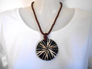 Black and Cream Shell Inlay Pendant on Brown Seed Beads Necklace - Picture 1 of 6