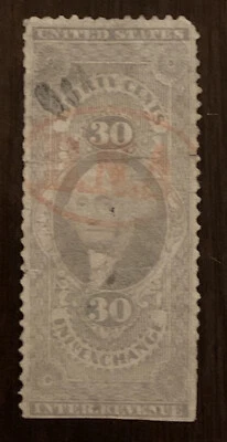 U.S. 30C GRAY LONG REVENUE STAMP RED OVAL “RNA” SON SOTN CANCEL - Image 1 of 3