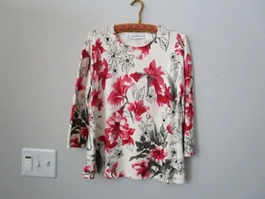 Alfred Dunner vermisst 3/4 Slve Top Blumendruck mit Rosenfarbe Blumen & Elfenbein bkgr - Bild 1 von 5