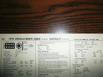 1970 Chevrolet, Chevelle & Monte Carlo 454 CI V8 SUN Tune Up Chart Great Shape! - Image 1 of 4