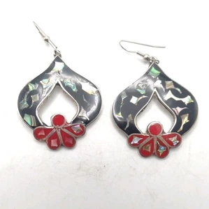 Vintage Alpaka Mexiko Silber Ohrhänger Intarsien Abalone emailliert rot schwarz - Bild 1 von 10