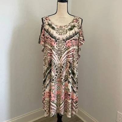 Cato Cold Shoulder Midi Dress size XL Pink Green Cream Floral Paisley Boho Chic - Image 1 of 4