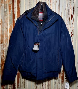 Weatherproof Hooded Parka Jacket Coat Navy Blue Faux Fur Layered Look Mens Small - Picture 1 of 8