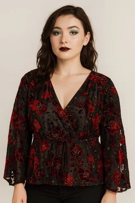 Vintage 90s y2k black red velvet burnout lace vampire goth romantic dark 3x - Image 1 of 4