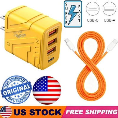 40W 4- Port Charging Fast Wall Charger Adapter For iPhone 16 15 14 13 12 Pro Max - Image 1 of 4