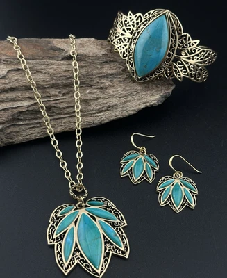 BARSE Turquoise & Brass Necklace, Bracele and Earrings Set - Image 1 of 4