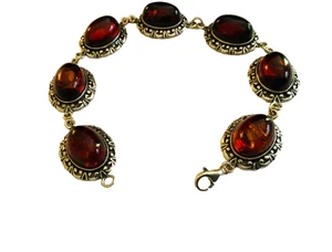 Vintage Sterling Silver Baltic Amber Link Bracelet 7.5” w/ 7 Stones Stamped 925 - Picture 1 of 6