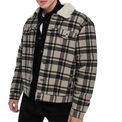 Mens Winter Jacket Long Sleeve Fur Collar Fleece Lumberjack Check Shirt Jacket - Image 1 of 4