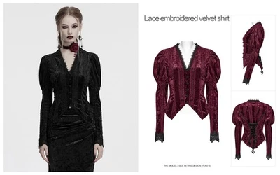 Blusa Punk Rave Mujer Negra Gótica Encaje Bordada Terciopelo Manga Gigot Camisas Foto 1 de 4