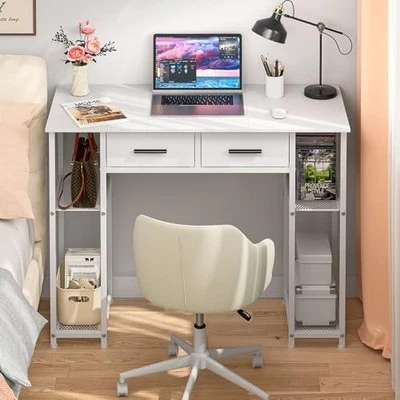 Computer Desk with Drawers, 37.3 Inch Home Office Work Desk with Storage White - Image 1 of 4