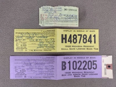 Etiqueta de ciervo de tiro con arco residente de Michigan 1968 + etiquetas traseras de juego pequeño (3 piezas) Foto 1 de 3