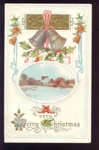 Silver Gold Bells Holly Winter Scene CHRISTMAS POSTCARD - Picture 1 of 1