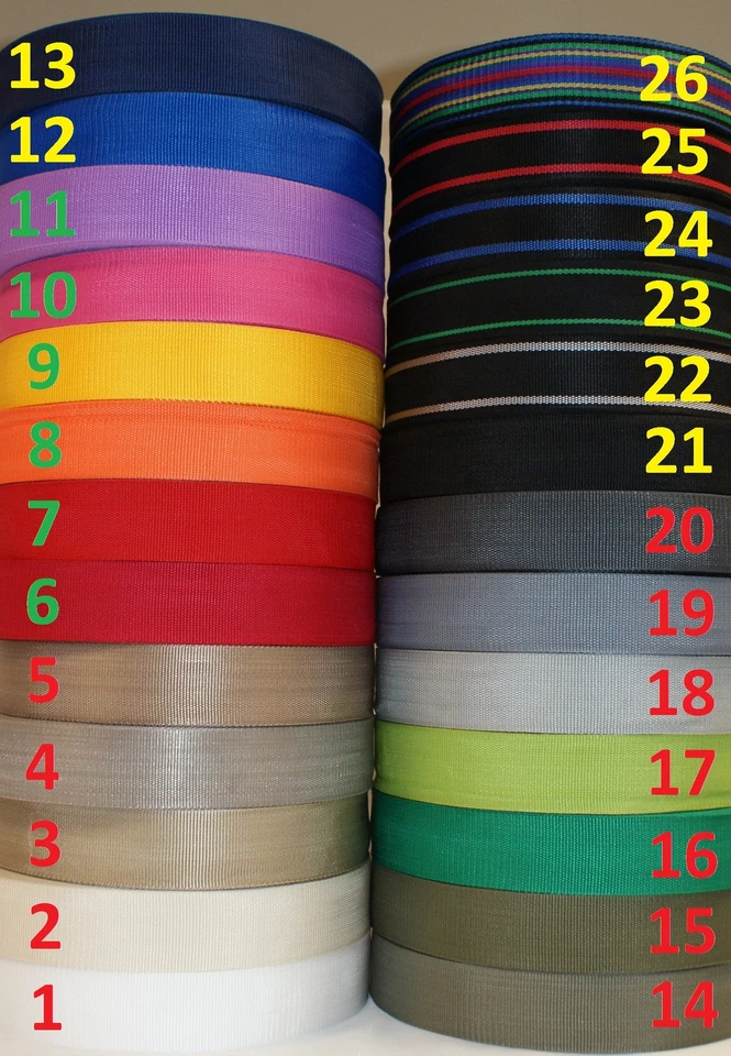 1BUY3 Gurtband 4 Meter oder 12 Meter, 50mm breit, 1,4 mm dick in 26 Farben