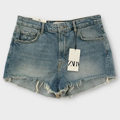 Pantalones Cortos Vaqueros Zara Para Mujer Talla 8 Azul Tiro Alto Pantalones Cortos Cortados Nuevos con Etiquetas Foto 1 de 4