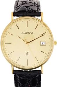 Gents 9ct Gold Wristwatch Champagne Face with Date Black Leather Strap Box - Imagen 1 de 2