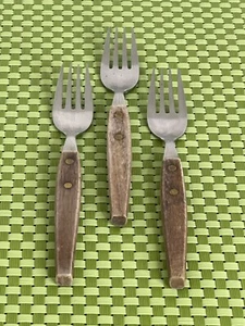 Vintage Stainless Steel 3 Dinner Forks Wood Handle Japan Unbranded Flatware - Picture 1 of 8