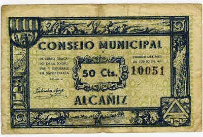 # SPAIN CIVIL WAR 1937 • ALCAÑIZ 50 CTS MUNICIPAL ☆ GUERRA CIVIL ESPAÑOLA ☆C5935 - Image 1 of 2