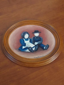 FOLK ART No Face AMISH COUPLE Painting Wood OVAL FRAME Signed DIANE JOHNSON 1990 - Picture 1 of 3