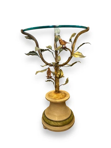 Vintage Italian Toleware Tole Metal Bird Tree Round Glass Top Accent Side Table Cover