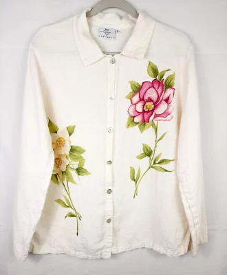 Hot Cotton By Marc Ware Linen Floral Blouse Sz LP Ivory Button Beach Artsy Fairy - Image 1 of 4