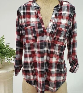 CRAVE FAME $34 Womens New Red Plaid V Neck Long Sleeve Blouse Top Size Medium - Picture 1 of 5