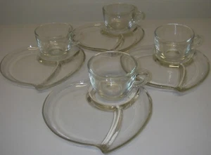 Federal Glass FEG66 Clear 4 Snack Plate & Cup Set Heart shaped - Picture 1 of 4