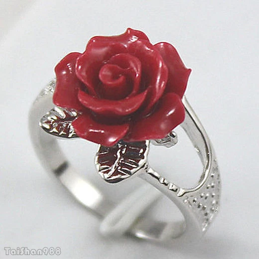 Moda Anillo Rosa Acrílico Rojo Flor 18KGP Talla: 6.7.8.9 Mujer Niña Foto 1 de 3