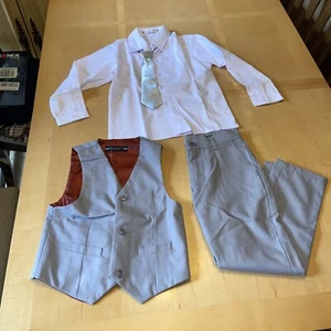 Yuan Lu boys suit set 4 Piece Shirt Vest Pants Tie 9 Grey White - Picture 1 of 9