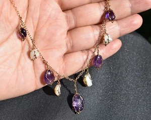 Victorian 10K Rose Gold Amethyst and Natural River Pearls Fringe Drops Necklace - Picture 1 of 11