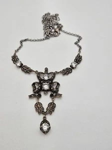 Collier nœud couronne marcassite CZ transparent style victorien vintage en argent sterling - Photo 1/14