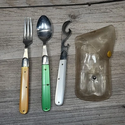 Vtg Stainless Steel Folding Cutlery Camp Set Case Colorful Fork Spoon Can Opener - Image 1 of 4