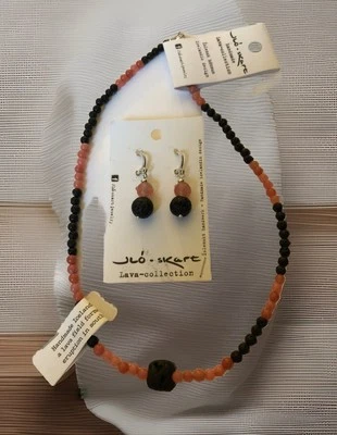 Nuevo con etiquetas Juego de collar y pendientes colgantes de cuentas de lava de Islandia de cuarzo rosa con cuentas Foto 1 de 4