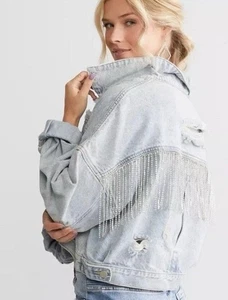Chaqueta de mezclilla recortada azul B envejecida clara con flecos de estrás talla M/L - Imagen 1 de 5