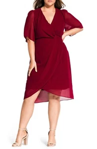 CITY CHIC Ruby Red Twist Love Wrap Chiffon Empire Waist Cocktail Dress XS 14W 0X - Picture 1 of 6