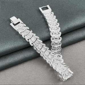 New 925 Silver Plated Wide Wristband Bracelet Chain Party Fashion Jewelry Gift - Picture 1 of 5