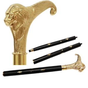 Lion Brass Handle wooden Walking Cane Stick3 Fold Gift for Men, women Home Decor - Picture 1 of 6