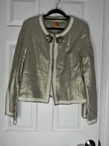 TORY BURCH NWT Gold Basketweave Paley Jacket Size 8 Linen Blend Hook Closure - Picture 1 of 9