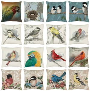 18x18 Inch Spring Vintage Bird Flower Linen Throw Pillow Cover Sofa Cushion Case - Picture 1 of 27