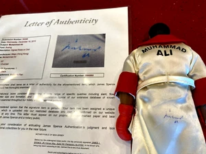 Muhammad Ali (rare) Signed 12” Boxing Doll in a Satin Robe -JSA #B86960 - Picture 1 of 4