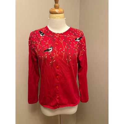 Coldwater Creek Embroidered Wool Blend Birds/Branches Red Cardigan Sweater Sz S - Image 1 of 4