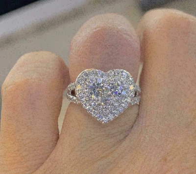 2Ct Round Lab-Created Diamond Heart Cluster Wedding Ring 14K White Gold Finish - Image 1 of 3