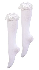 Women Soft Knee High Socks Lovely Cute Solid color Lace Ruffle Bow Girls Sock... - Picture 1 of 7
