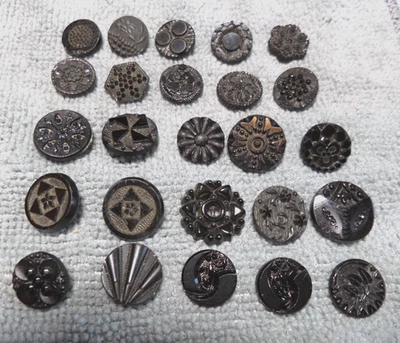 25 Vintage Antique Black Glass Picture Buttons FANCY GEOMETRIC & FLOWER DESIGNS - Image 1 of 4
