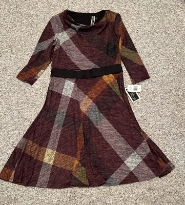 Vestido Julian Taylor Tejido Estampado Bloque Mangas 3/4 16 Nuevo Con Etiqueta Borgoña Dorado Foto 1 de 4